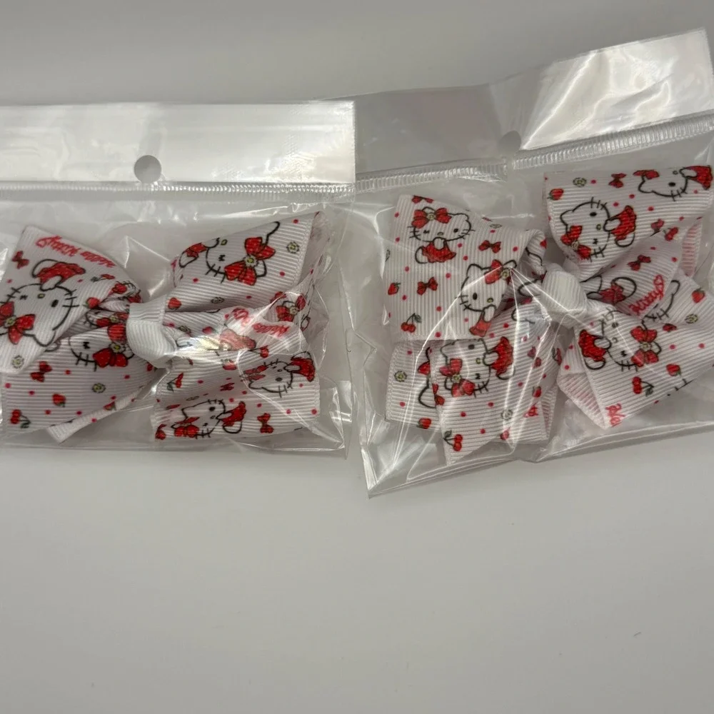 Kitty Bow Hair Clips Set 4pcs White Red Ribbon Accessories For Kids‎